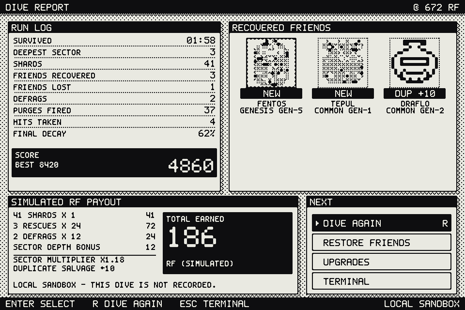 The dive report, showing the simulated RF payout breakdown